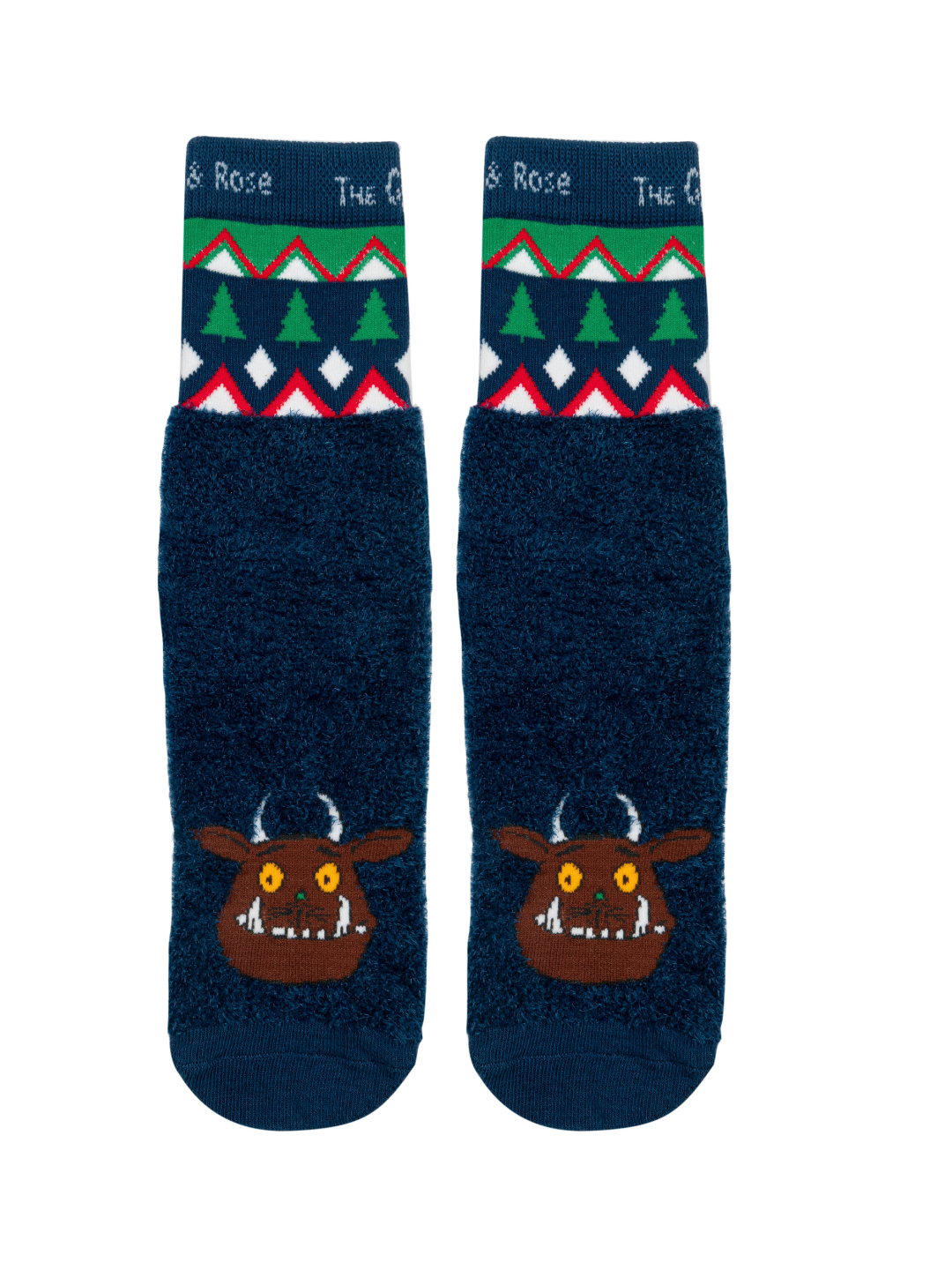 Gruffalo™ Christmas Socks showing The Gruffalo on the fluffy navy foot and the Fair Isle band of Christmas trees