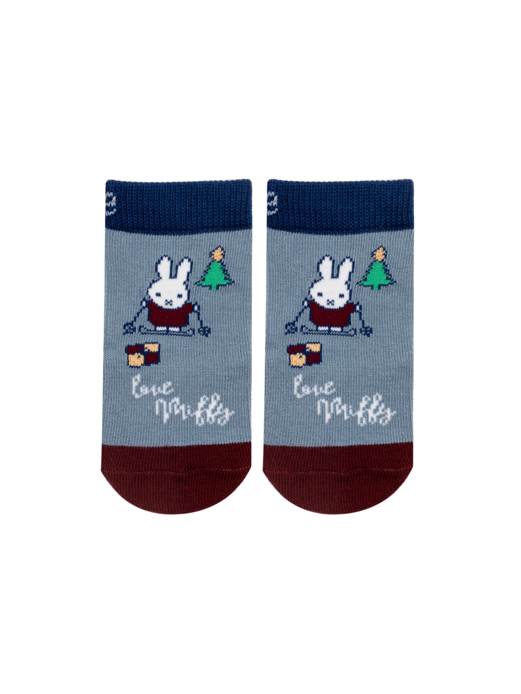 Miffy™ Christmas Socks in the baby size, blue with a navy ribbed cuff and burgundy toe