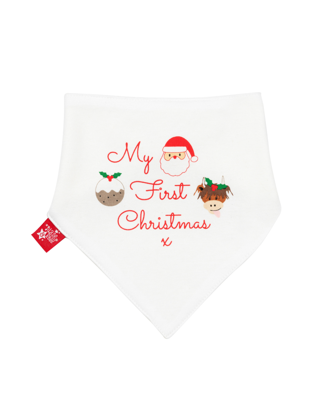My First Christmas Bib in white, lettered in red script with a Santa face, a Christmas pudding and Hamish the Highland Cow