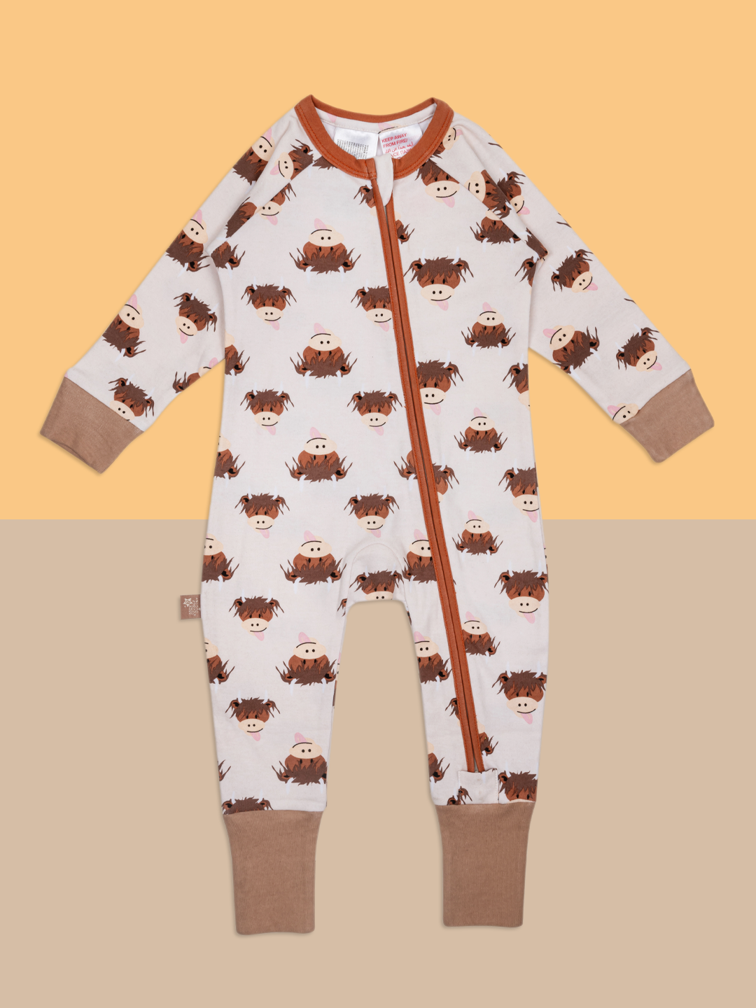 Neutral Highland Cow Zip-Up Romper